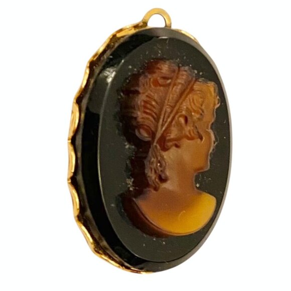 VINTAGE CAMEO WOMEN'S PROFILE PENDANT FOR NECKLACE brown amber gold tone charm - Picture 3 of 5